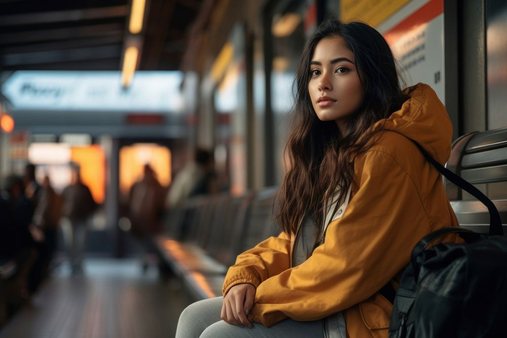 Train station sitting adult woman. 