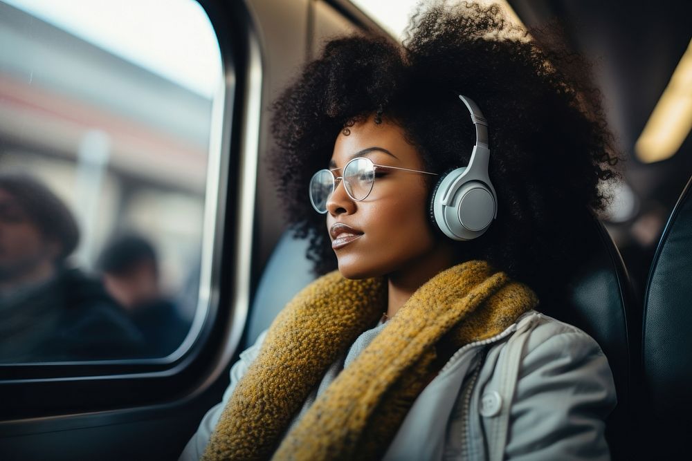 Woman wearing headphone headphones headset train. 