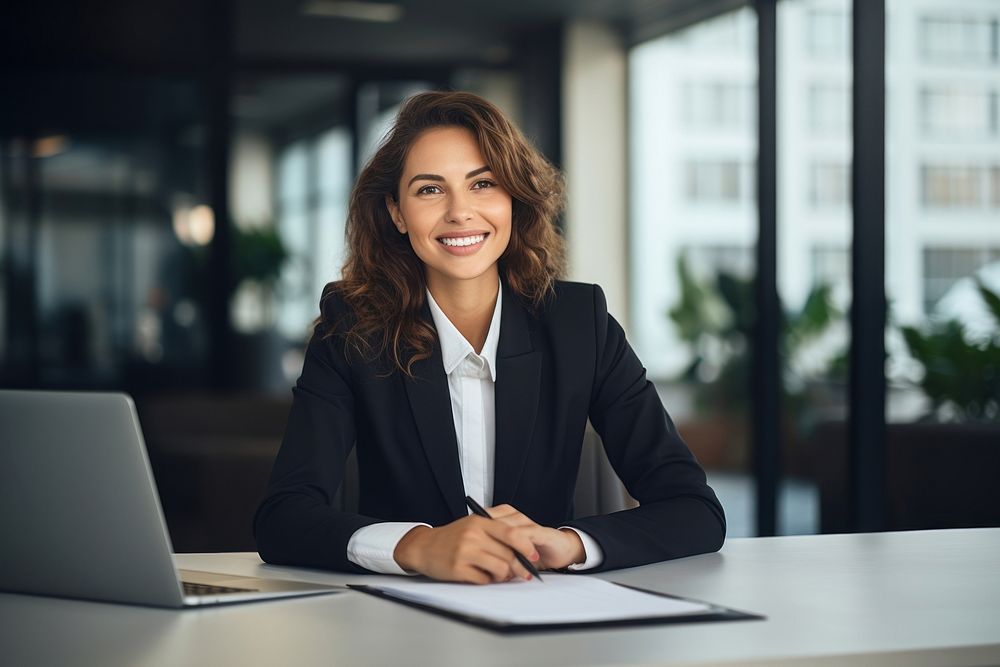 Woman wearing suit computer writing laptop. AI generated Image by rawpixel.