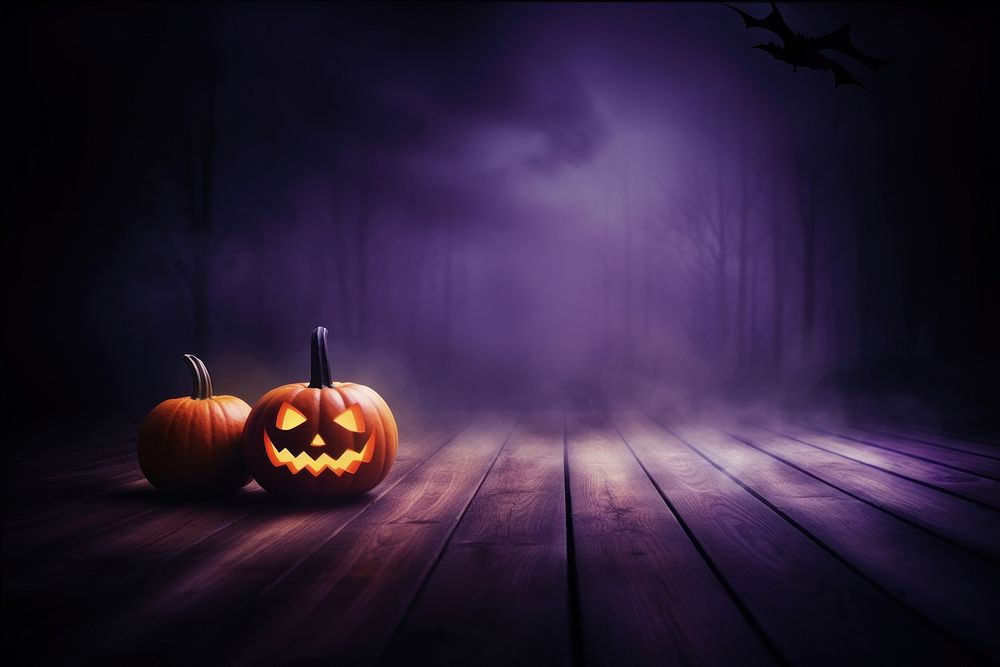 Halloween pumpkin face purple night wood