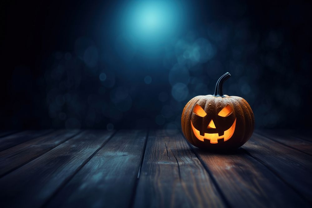 Halloween pumpkin face night wood blue. 
