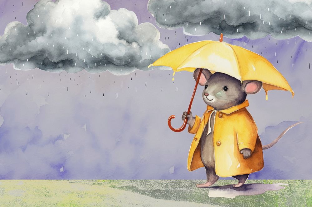Watercolor rainy season background, rat holding umbrella illustration remix