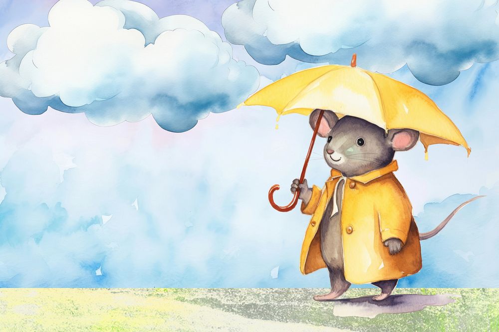 Watercolor rainy season background, rat holding umbrella illustration remix