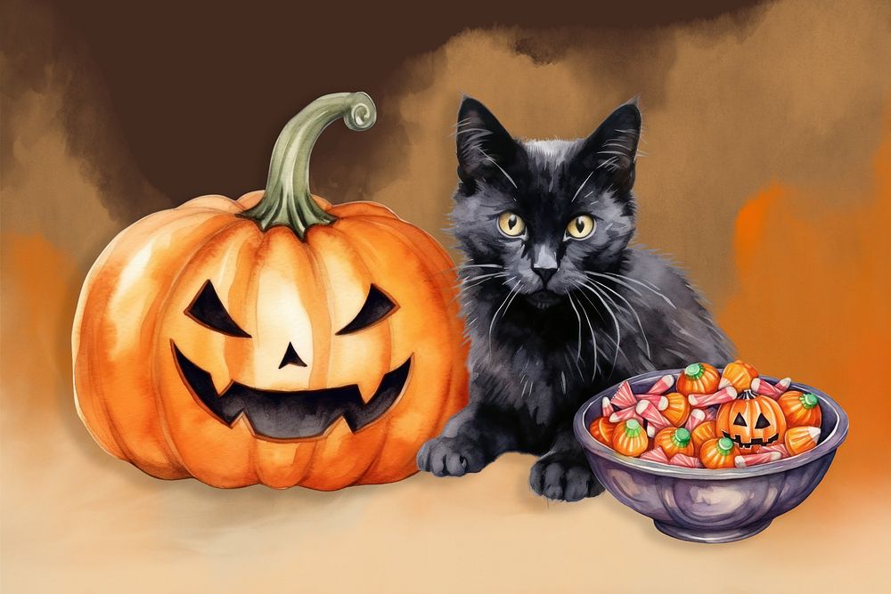 Halloween black cat, watercolor illustration remix