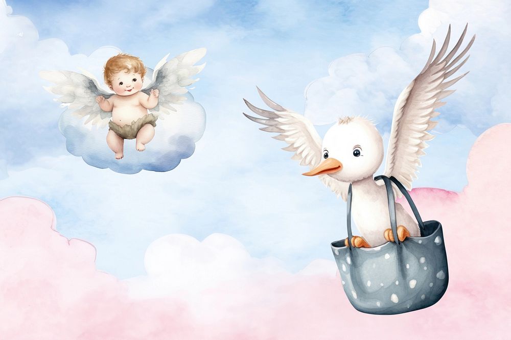 Crane and baby background, watercolor illustration remix