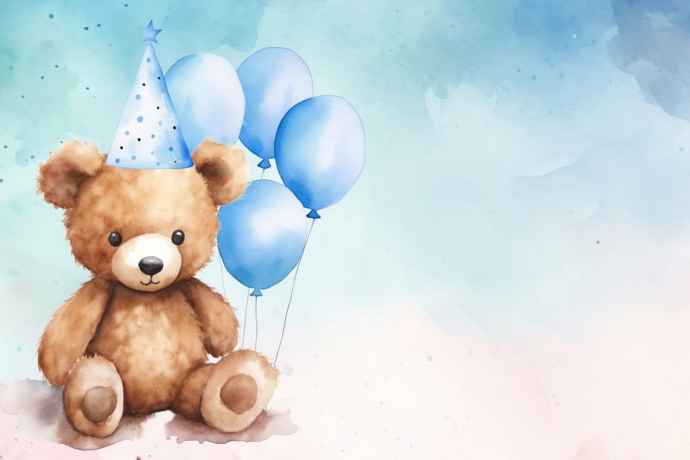Birthday teddy bear background, blue watercolor illustration remix