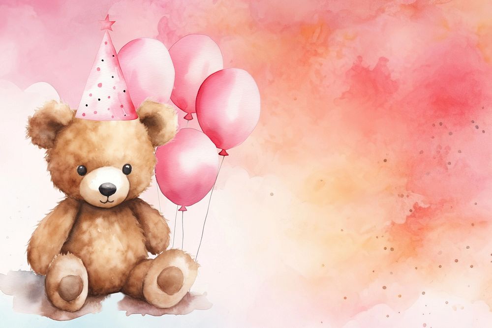 Birthday teddy bear background, pink watercolor illustration remix