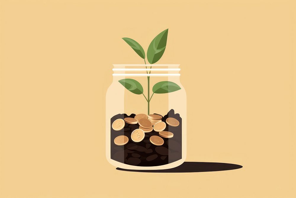 Money in the jar with plant leaf investment container.