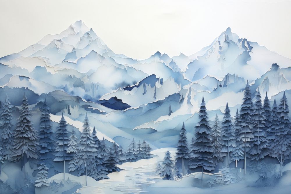 Winter mountain landscape painting winter nature. AI generated Image by rawpixel.