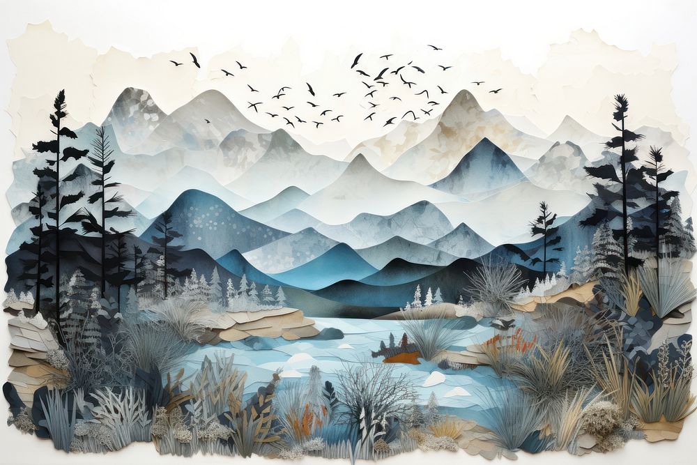 Winter mountain landscape painting outdoors nature. AI generated Image by rawpixel.