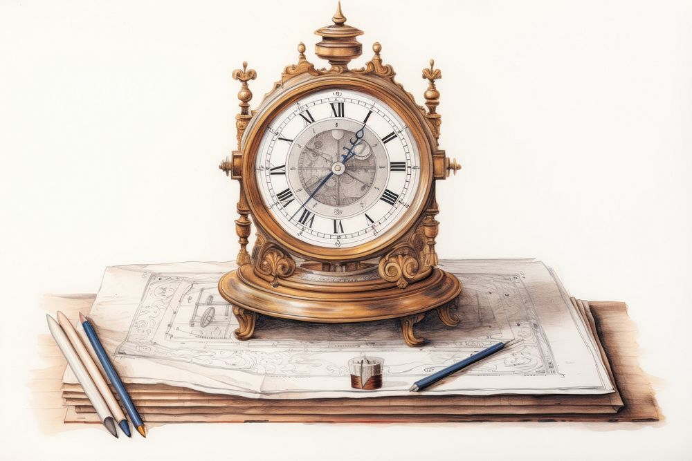Antique clock pen paper architecture. AI generated Image by rawpixel.