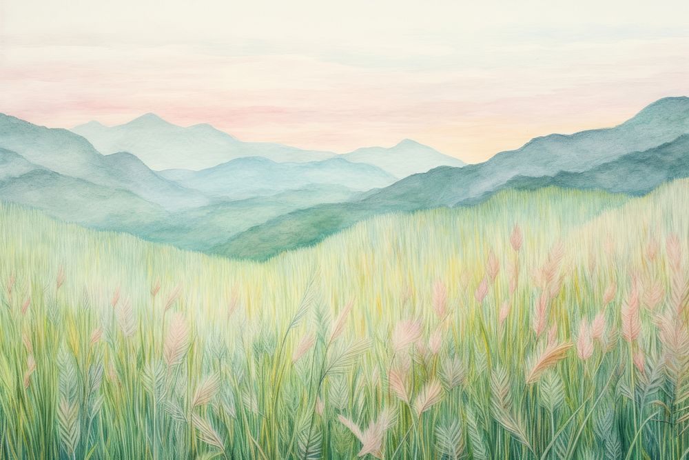 Landscape grass field mountain outdoors painting. AI generated Image by rawpixel.