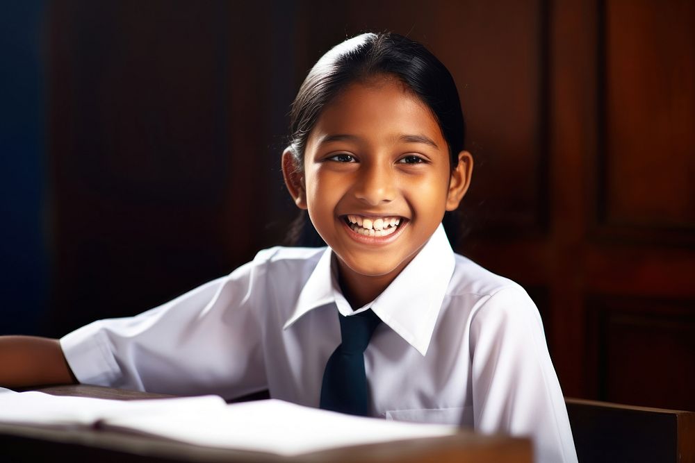 South asian young girl education smiling sitting. AI generated Image by rawpixel.