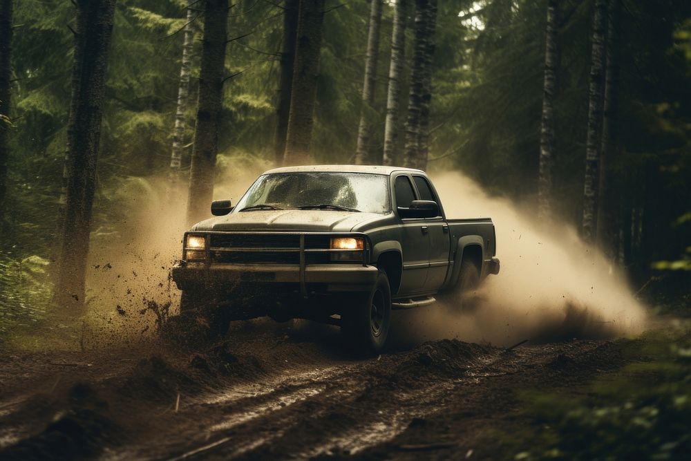 Pickup car forest outdoors woodland. 