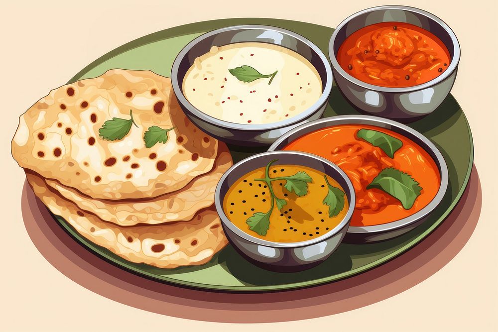 Indian food bread lunch plate. 