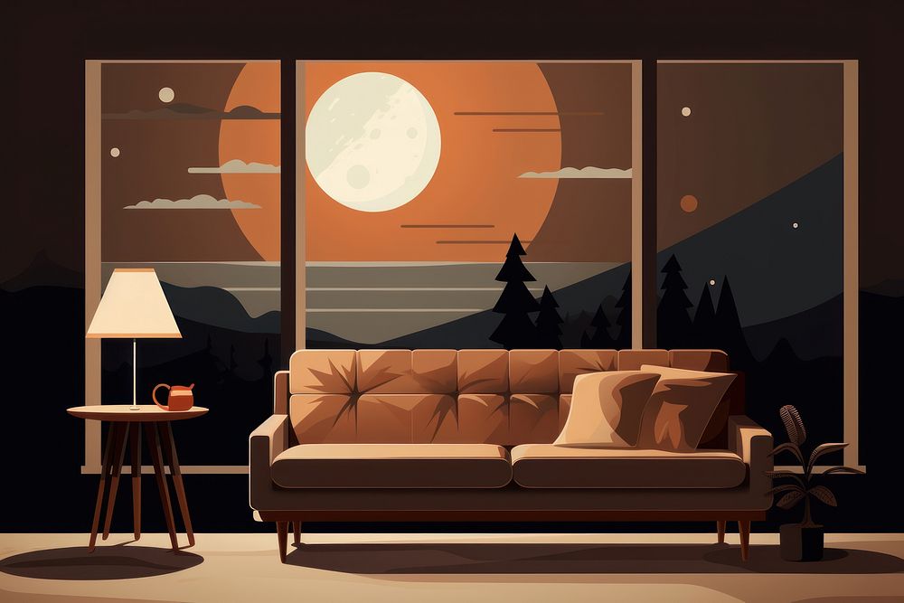 Living room architecture furniture night. AI generated Image by rawpixel.