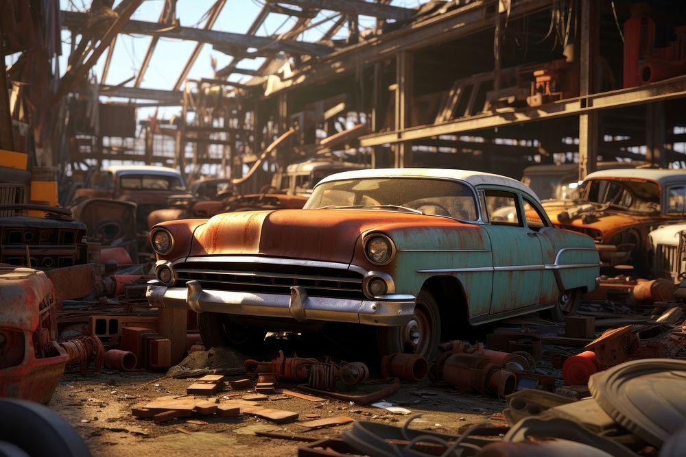 Wrecking yard cars architecture vehicle rust. AI generated Image by rawpixel.