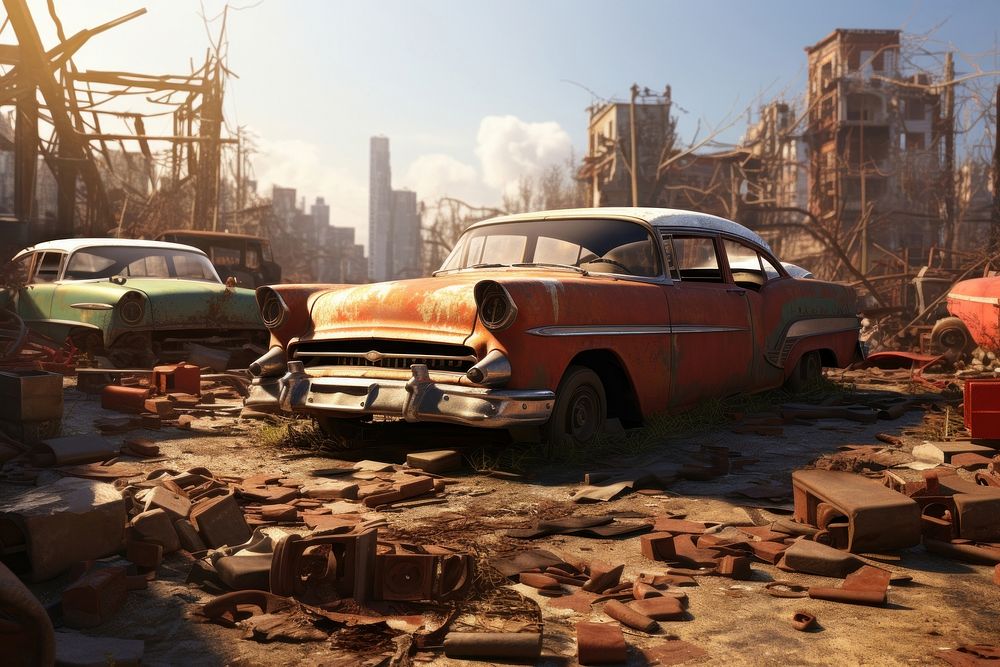 Wrecking yard cars vehicle old transportation. AI generated Image by rawpixel.