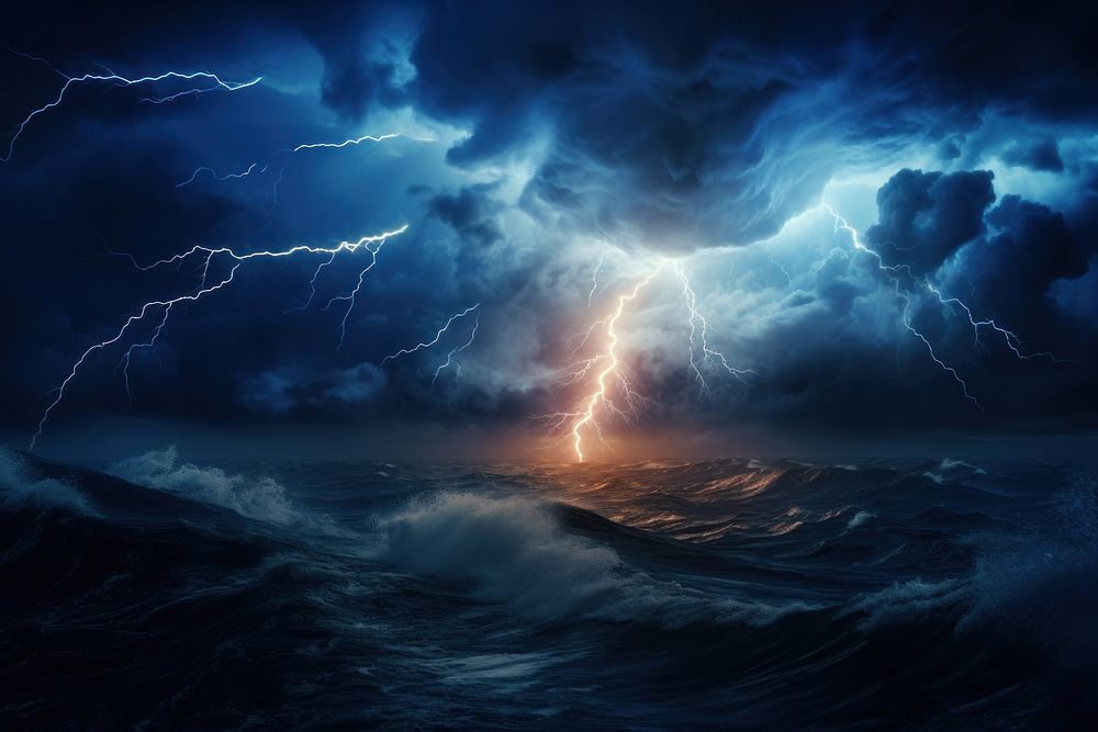 Lightning ocean thunderstorm outdoors. AI generated Image by rawpixel.