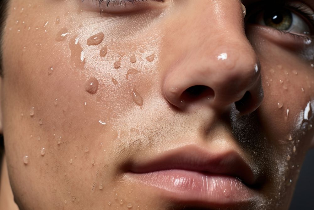 Men face skin studio shot forehead teardrop. 