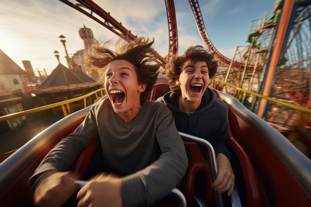 Two boys laughing coaster adult. 