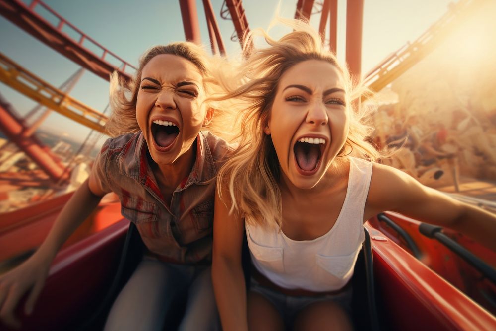 Two girls laughing shouting adult. 