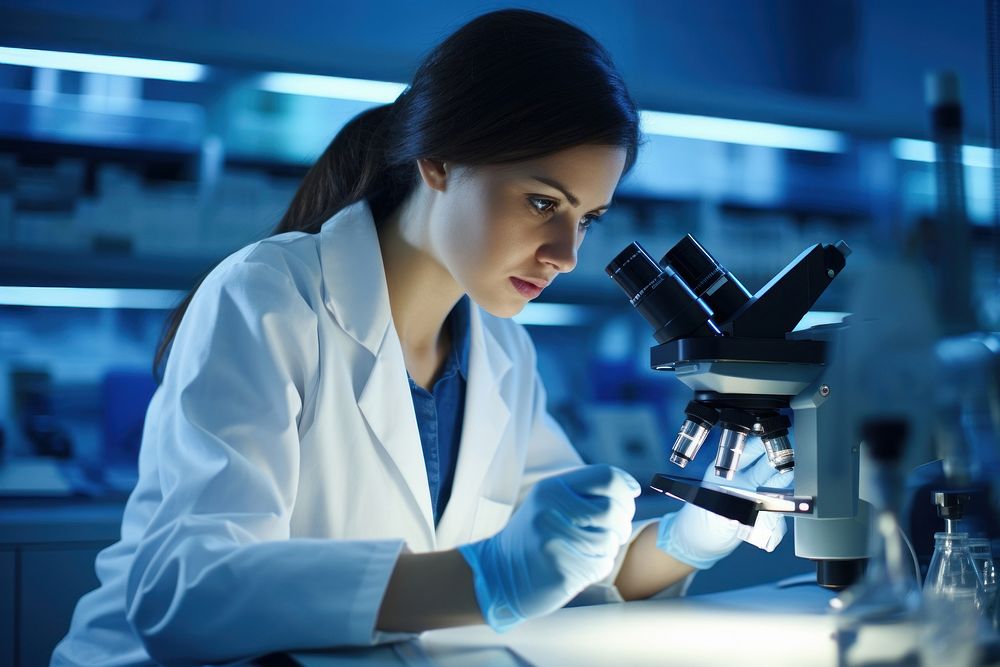 Scientist using microscope female adult biotechnology. 