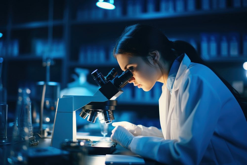 Scientist using microscope female adult concentration. 