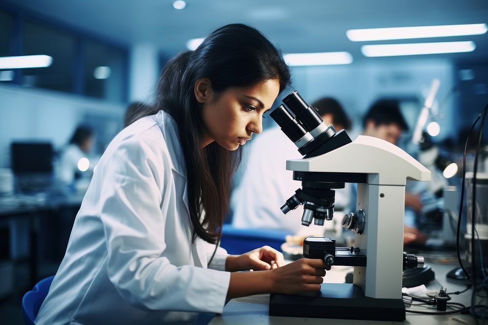 Indian female scientist using microscope adult concentration biotechnology. AI generated Image by rawpixel.