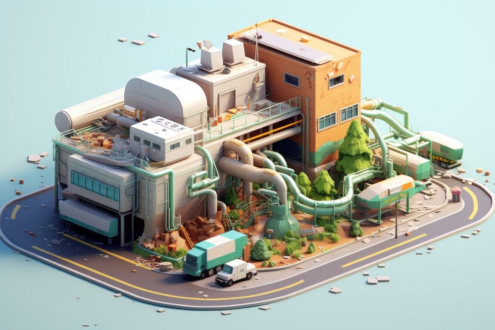 Waste sorting plant architecture factory vehicle. AI generated Image by rawpixel.