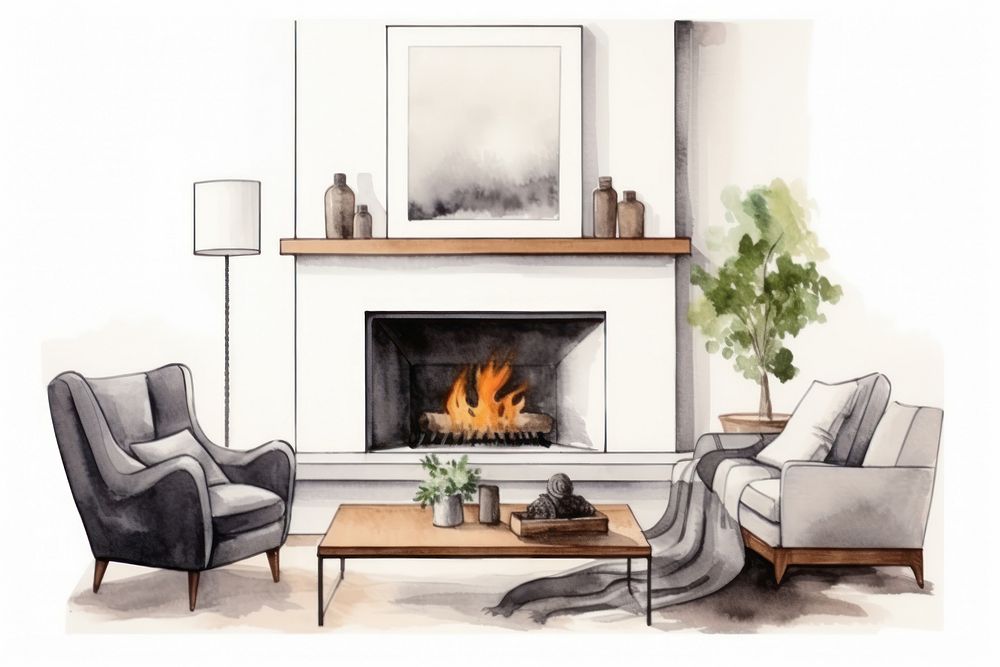 Living room fireplace architecture furniture. AI generated Image by rawpixel.