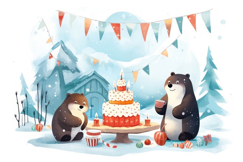 Winter birthday party dessert mammal cake. AI generated Image by rawpixel.
