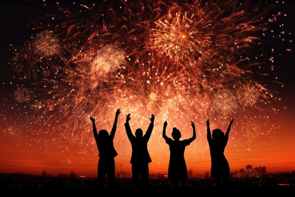 Silhouette people celebrating New Year fireworks adult sky. AI generated Image by rawpixel.