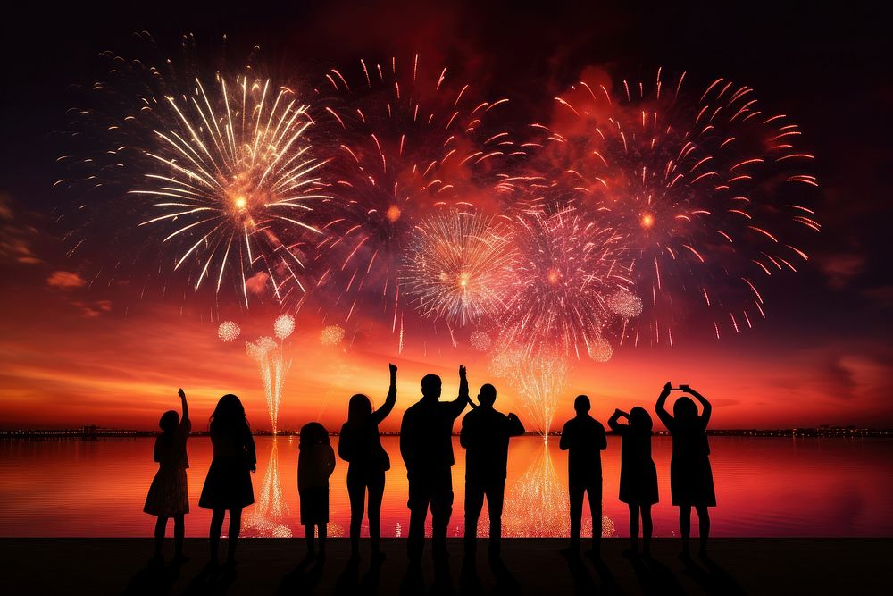 Silhouette people celebrating New Year fireworks outdoors night. AI generated Image by rawpixel.