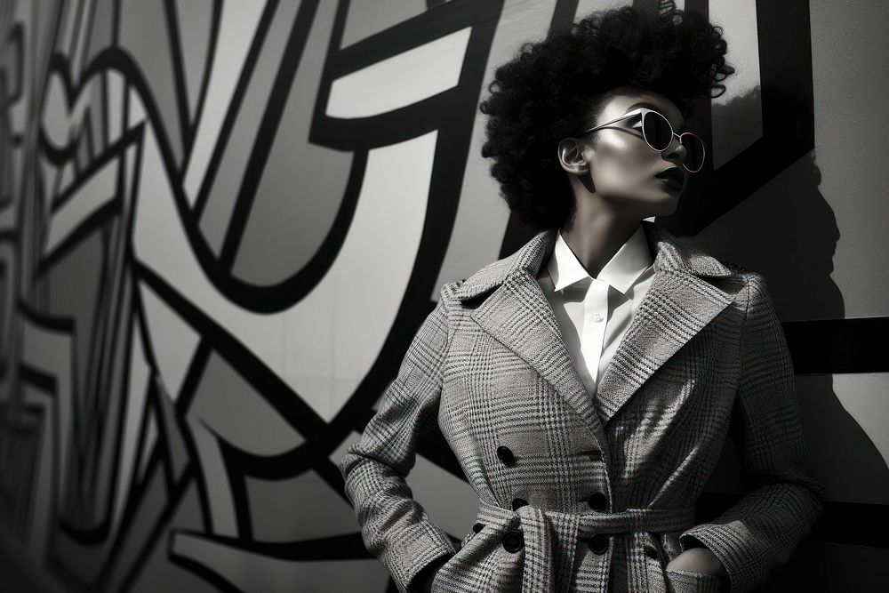 Black businesswoman coat monochrome portrait. 