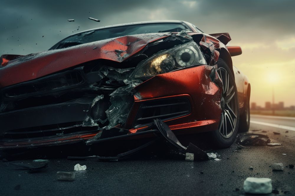 Broken car accident vehicle road. AI generated Image by rawpixel.