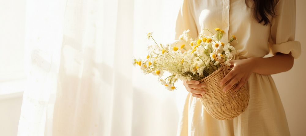 Woman holding flowers basket wedding adult bride. 