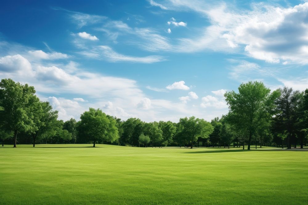 Green lawn sky landscape outdoors. AI generated Image by rawpixel.