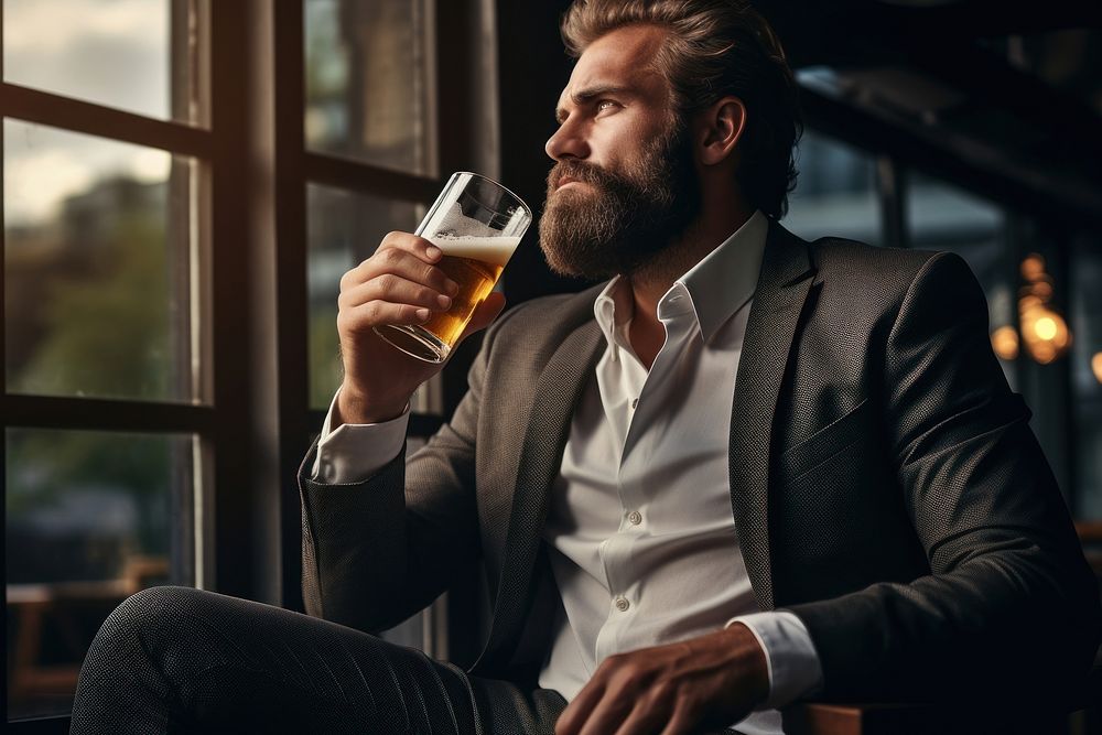 Drinking beer adult man contemplation. AI generated Image by rawpixel.