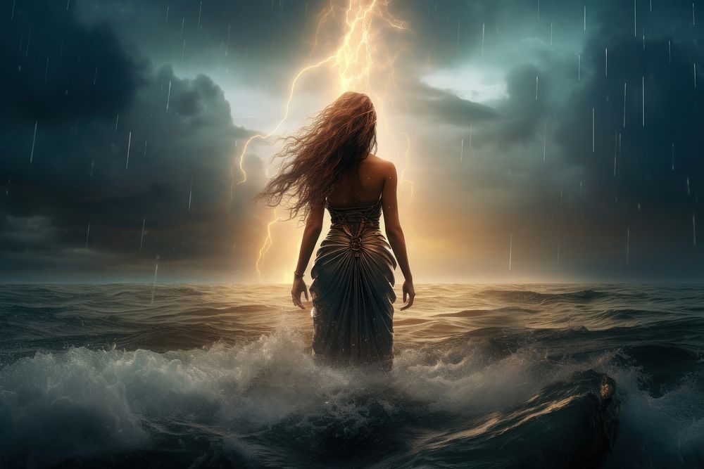 Goddess holding a lightning bolt ocean outdoors fantasy. AI generated Image by rawpixel.