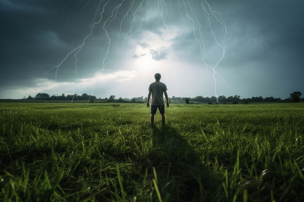 Lightning grass field thunderstorm. AI generated Image by rawpixel.