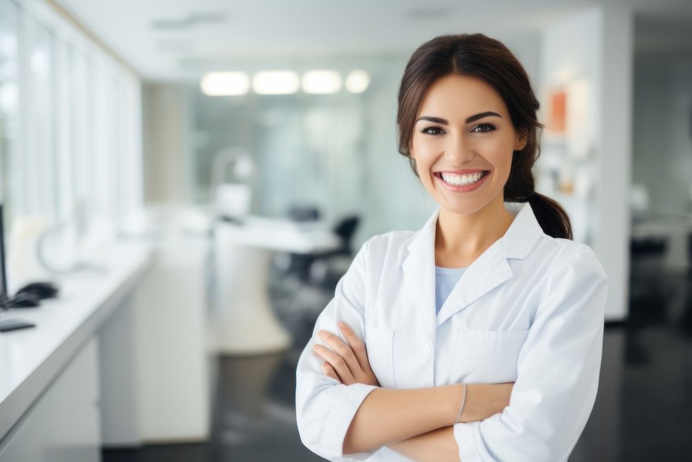 Female dentist smiling adult scientist. 