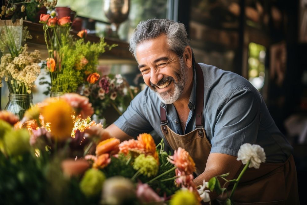 Man florist gardening outdoors flower. 