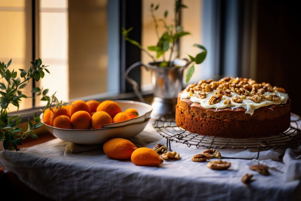 Carrot cake dessert fruit table. AI generated Image by rawpixel.