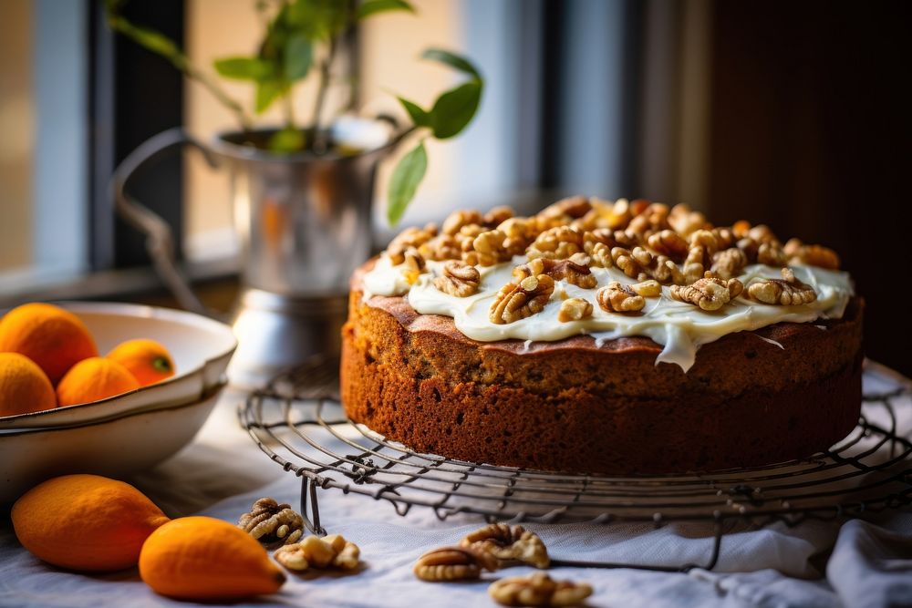 Carrot cake dessert fruit table. AI generated Image by rawpixel.