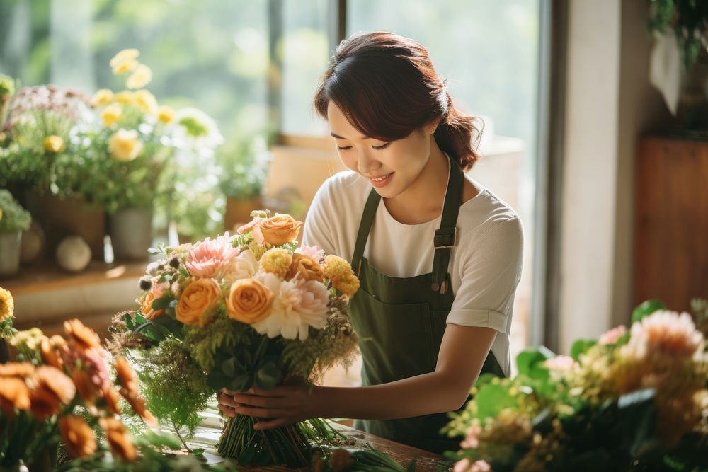 Female florists asians flower plant concentration. 