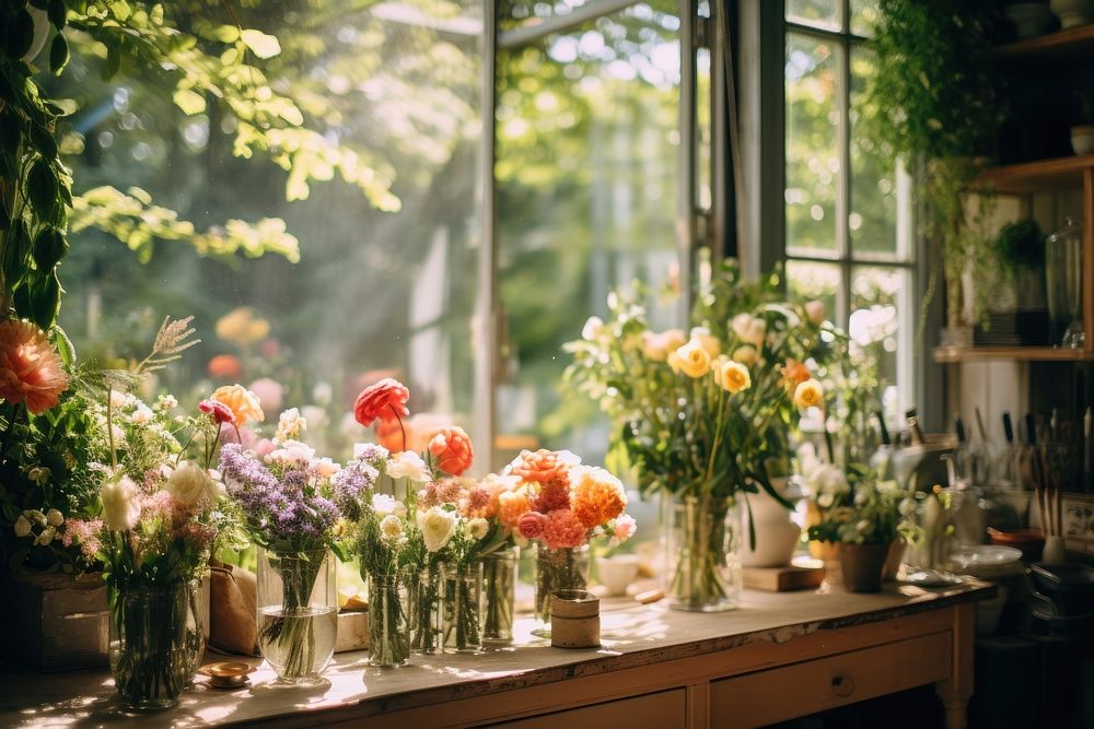 Flowers shop window plant centrepiece. 