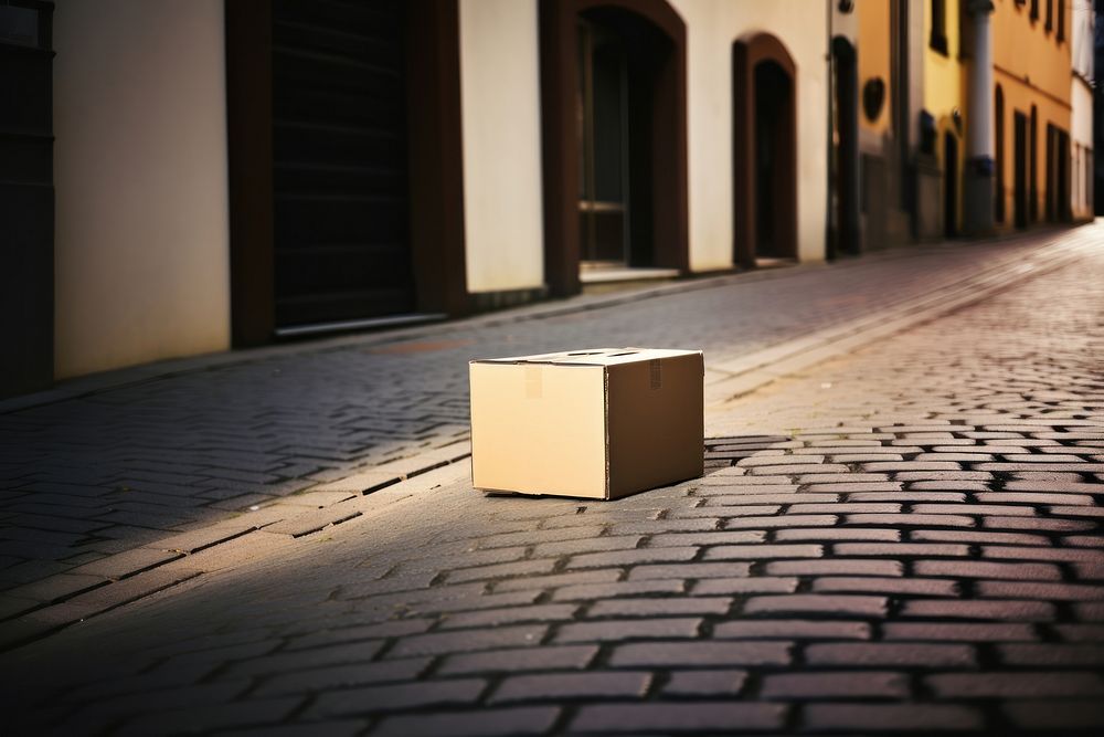 Cardboard box street cobblestone alleyway.