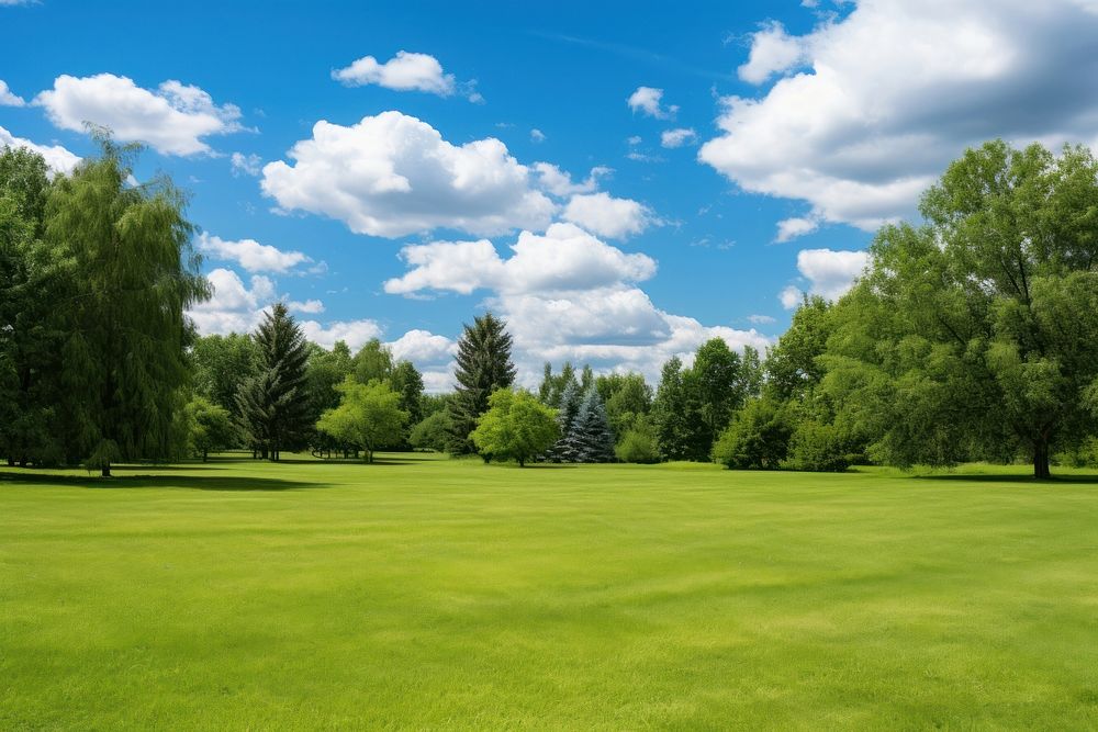 Green lawn sky landscape outdoors. AI generated Image by rawpixel.