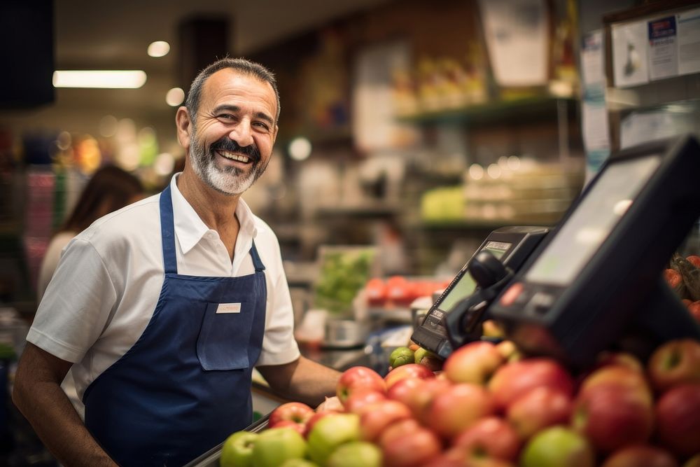 A Cheerful shop owner supermarket cheerful customer. 